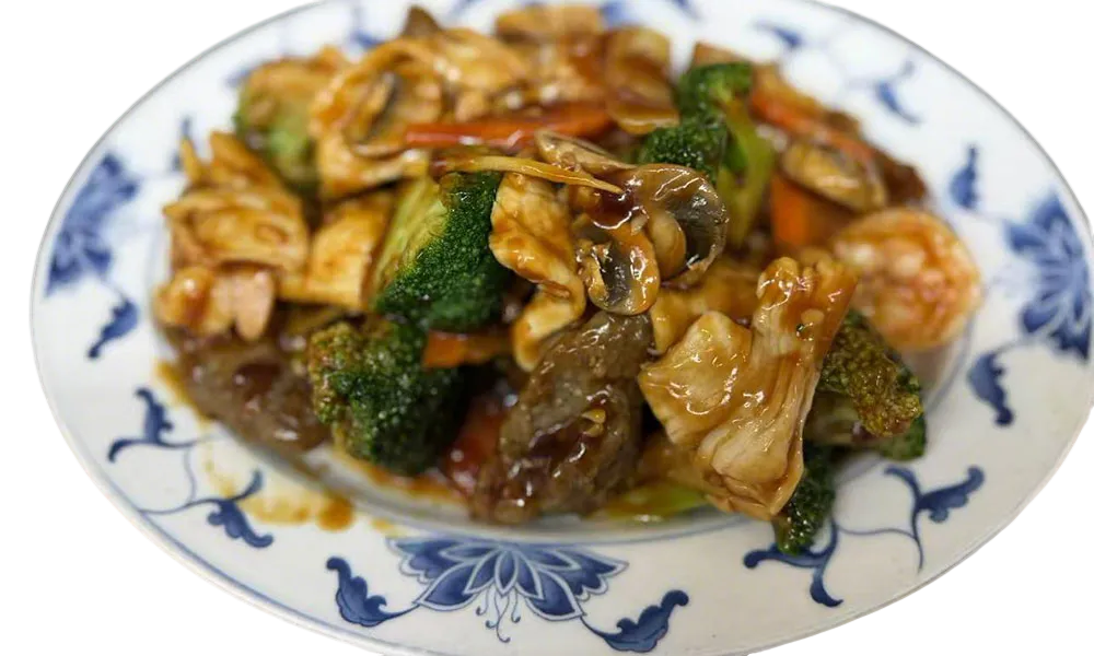 Mixed meat and vegetable stir-fry with shrimp, beef, broccoli, and mushrooms at Imperial Garden, a Chinese Restaurant in Philadelphia