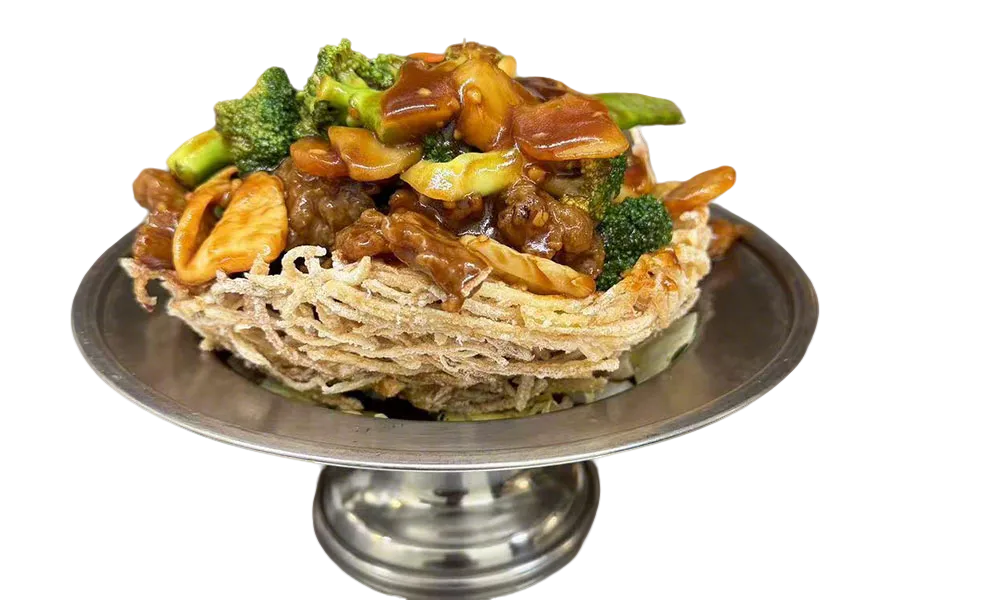 Crispy noodle basket filled with stir-fried meat and vegetables at Imperial Garden, a Chinese Restaurant in Philadelphia