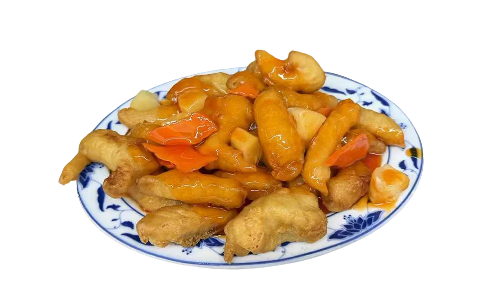 Sweet and sour fried chicken with pineapple, carrots, and glossy orange sauce at Imperial Garden, a Chinese Restaurant in Philadelphia
