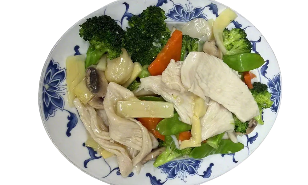 Light chicken and vegetable stir-fry with broccoli, bamboo shoots, and mushrooms at Imperial Garden, a Chinese Restaurant in Philadelphia