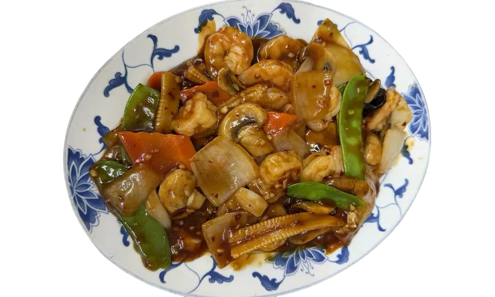 Shrimp and mixed vegetable stir-fry with snow peas, baby corn, and carrots at Imperial Garden, a Chinese Restaurant in Philadelphia