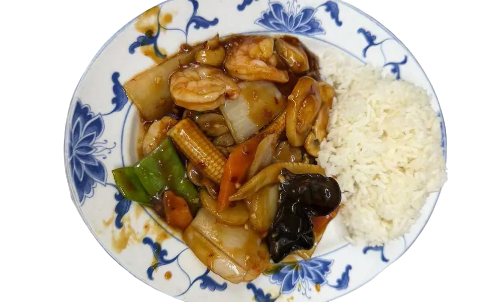 Shrimp and vegetable stir-fry served with steamed white rice at Imperial Garden, a Chinese Restaurant in Philadelphia
